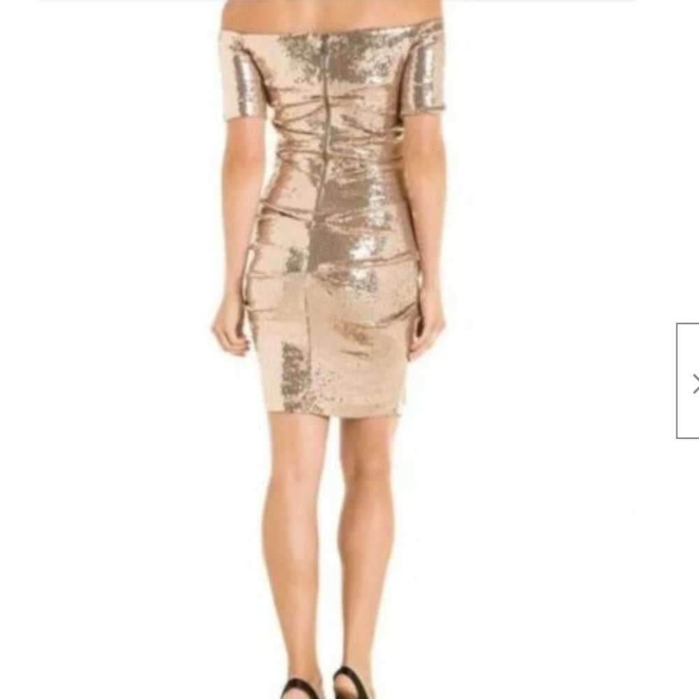 Nicole Miller Champagne Pink Sequin Stretch Off-Shoulder Dress